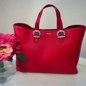 SOLD! NEW JIMMY CHOO Red Calfskin Cheri Tote Satchel Bag Tote Swarovski Crystals